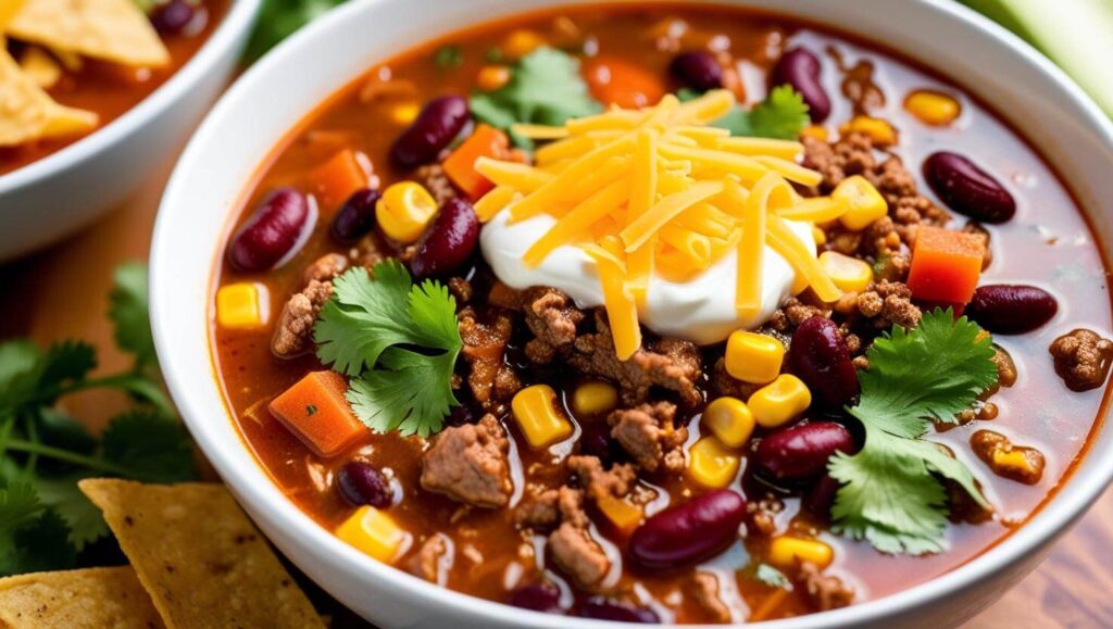 A close-up of a bowl of taco soup frios topped with shredded cheese, sour cream, cilantro, and surrounded by tortilla chip