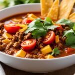 A bowl of taco soup frios topped with avocado slices, sour cream, tortilla chips, and fresh cilantro, served with lime wedges on the side