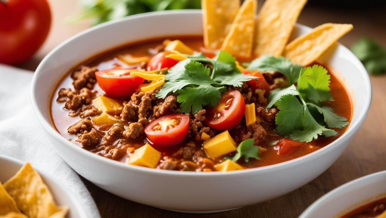 A bowl of taco soup frios topped with avocado slices, sour cream, tortilla chips, and fresh cilantro, served with lime wedges on the side