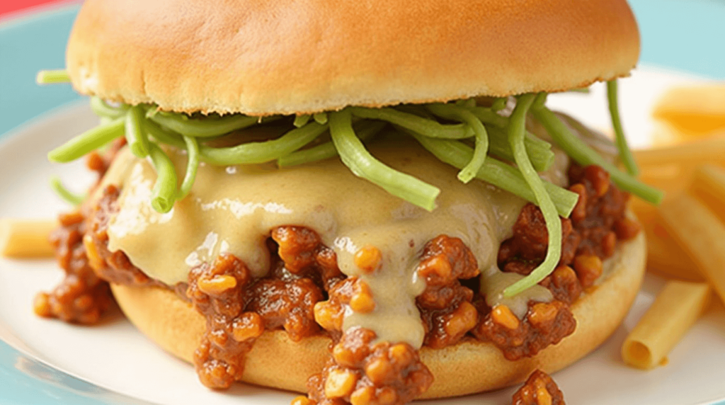 A close-up of a sloppy joe sandwich with melted cheese and green beans on a white plate