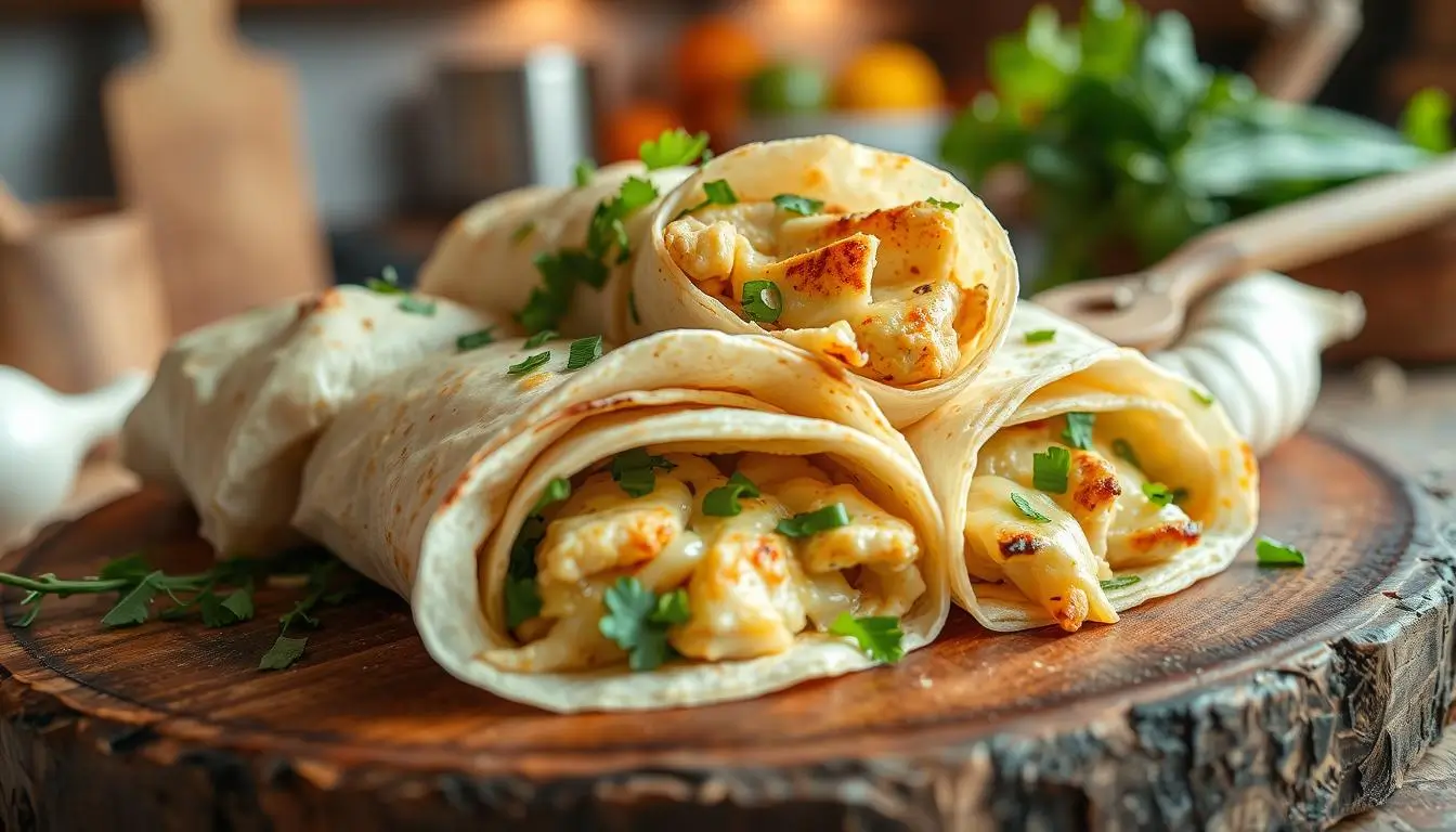 Fresh ingredients for Cheesy Garlic Chicken Wraps including shredded chicken, garlic, tortillas, cheese, and fresh herbs