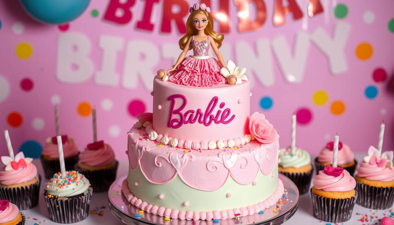 Minimalist Barbie cake with fresh flowers and pink drip icing.