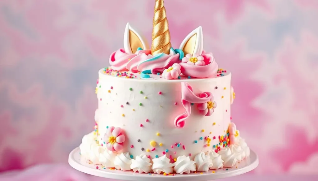 Close-up of unicorn cake face showing eyelashes, horn, and fondant ears