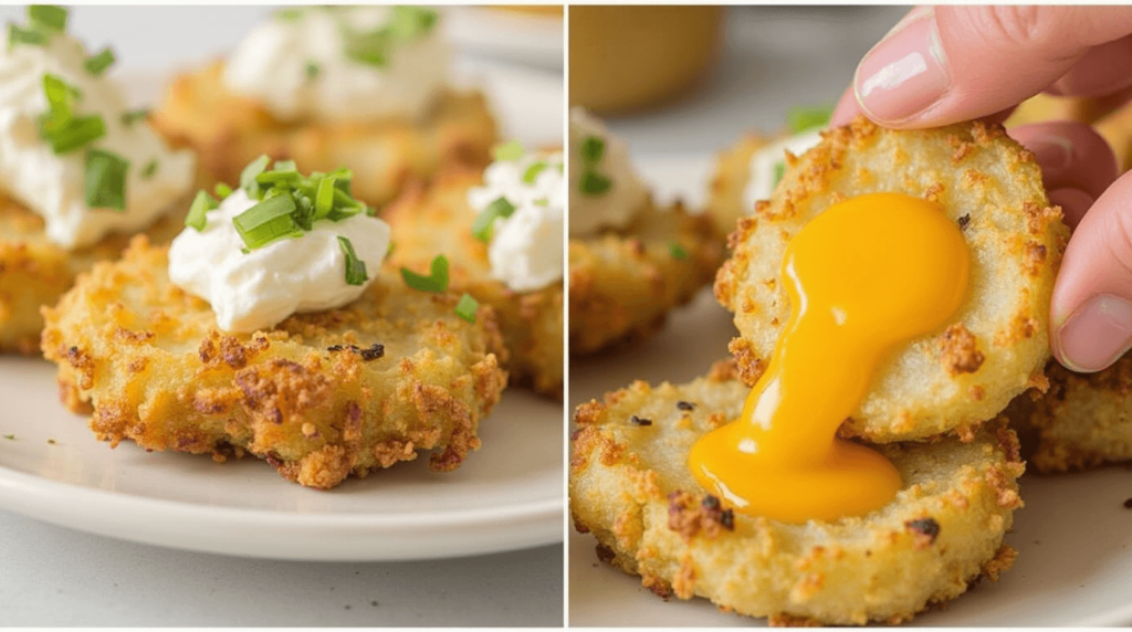  Potato skins stuffed with cottage cheese and topped with green onions on a baking tray.