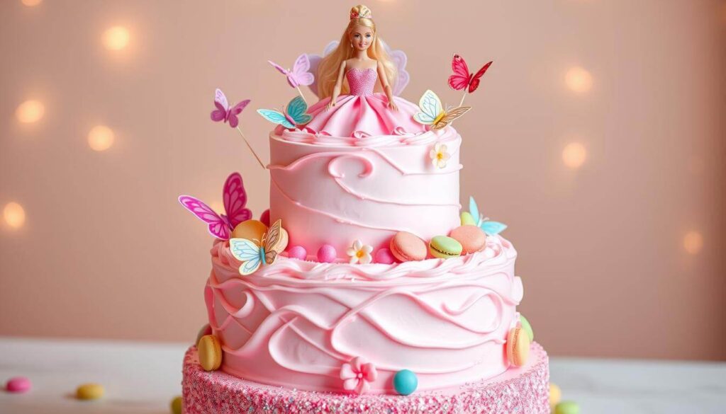 DIY Barbie birthday cake decorated with pastel buttercream swirls.