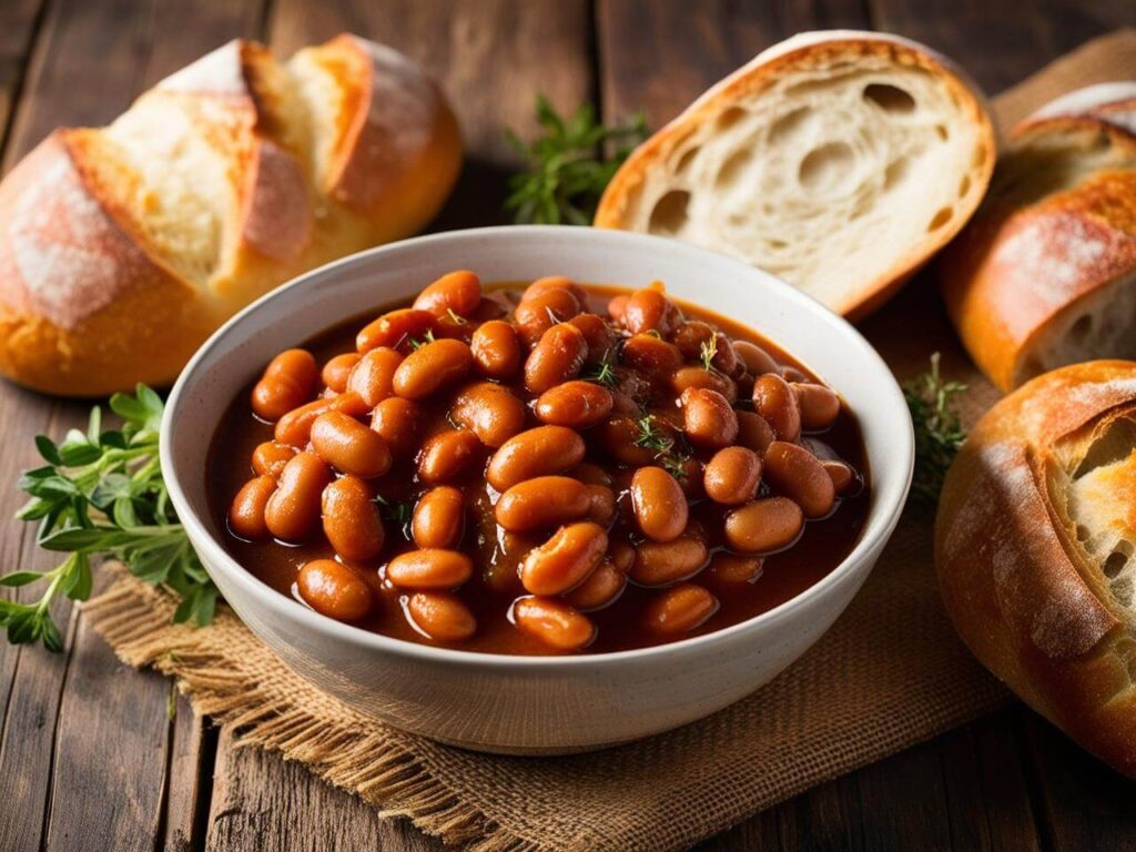 A plate of baked beans garnished with fresh herbs, served with crusty bread.