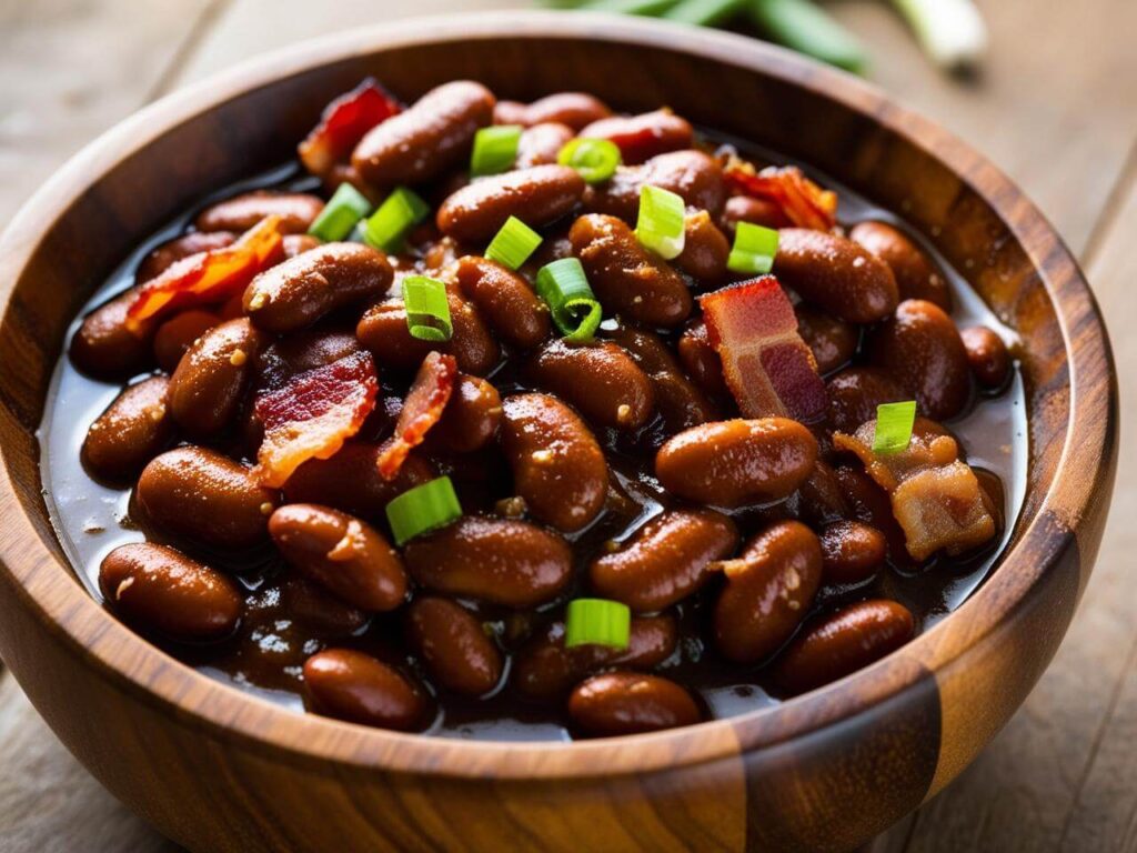 Golden, bubbling baked beans fresh from the oven in a rustic casserole dish.