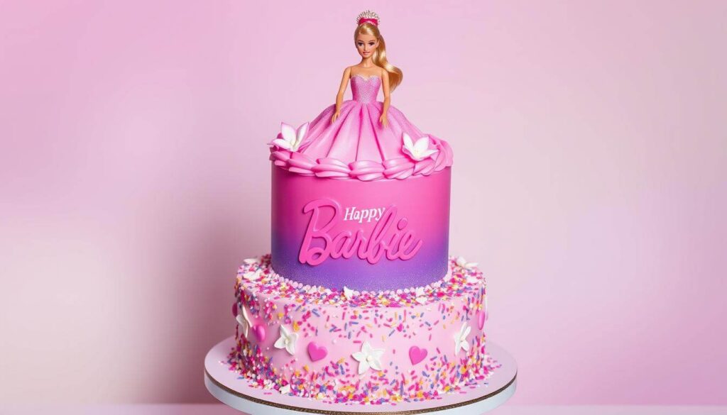 Beautiful Barbie birthday cake with pink ruffled frosting and edible pearls.