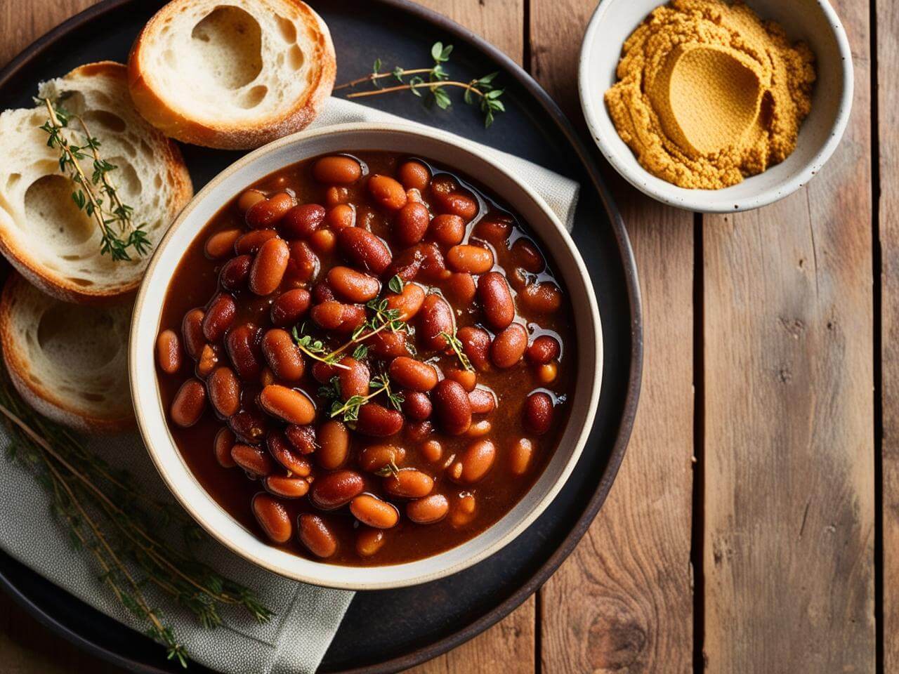 A flat-lay of fresh ingredients for baked beans including beans, onions, bacon, and spices on a wooden table