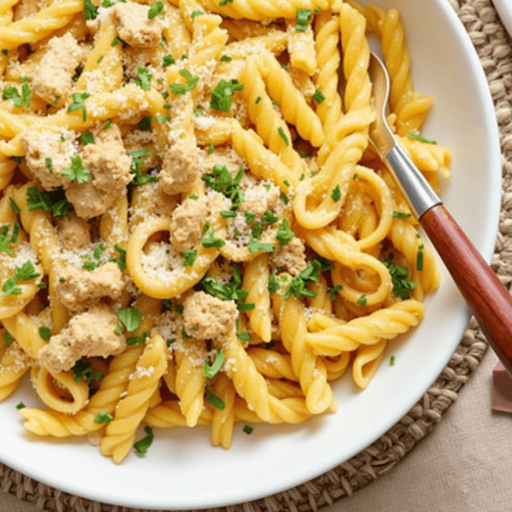 Garnishing chicken pasta with fresh herbs and grated Parmesan cheese