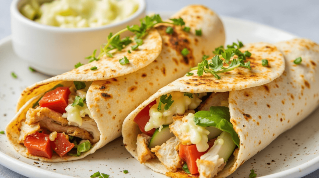 Cheesy Garlic Chicken Wraps sizzling on a grill pan with golden, crispy edges