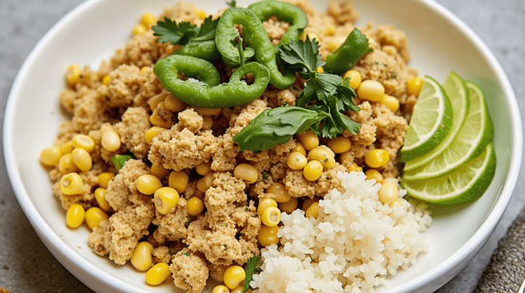 Ground chicken mixed with corn and spices in a skillet