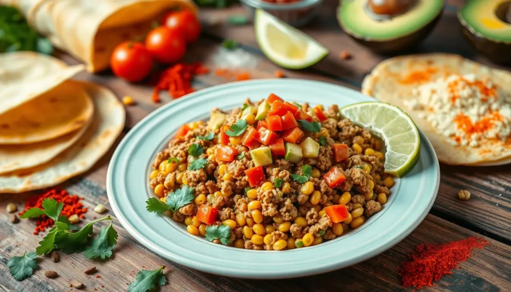 A bowl of ground chicken Mexican corn with cilantro garnish