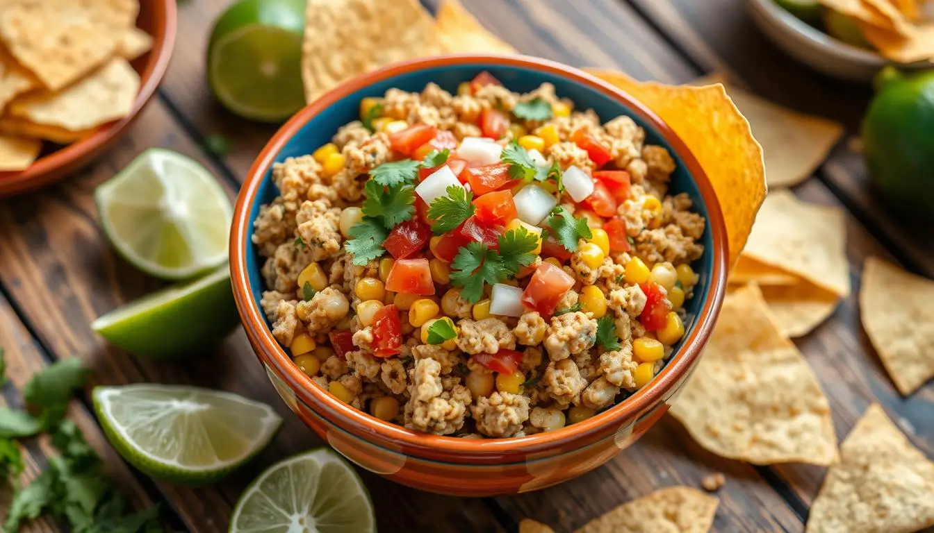 Finished ground chicken Mexican corn served in a bowl with lime wedges