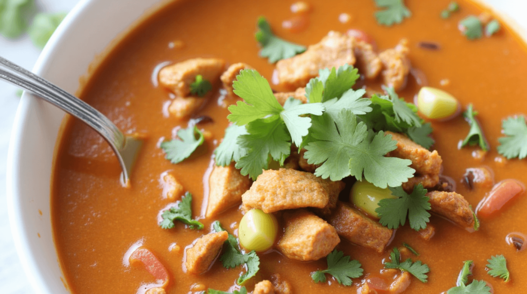 A close-up of a steaming bowl of chicken taco soup topped with avocado, shredded cheese, and cilantro.