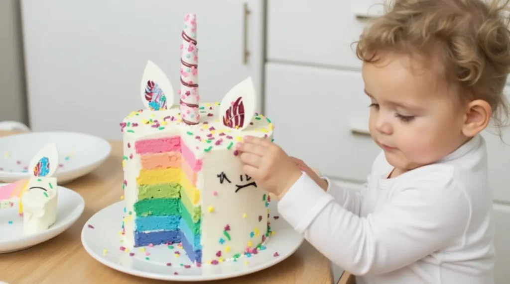 Stunning three-tiered unicorn birthday cake with spiral golden horn, pastel rainbow buttercream mane, and delicate fondant flowers