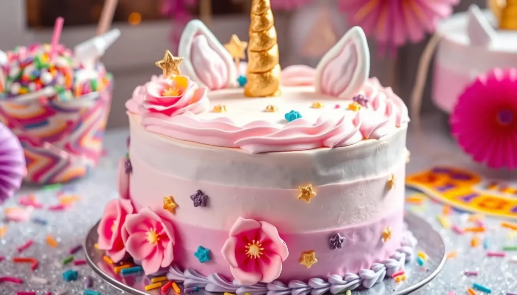 Demonstrating rainbow buttercream mane piping technique on unicorn cake