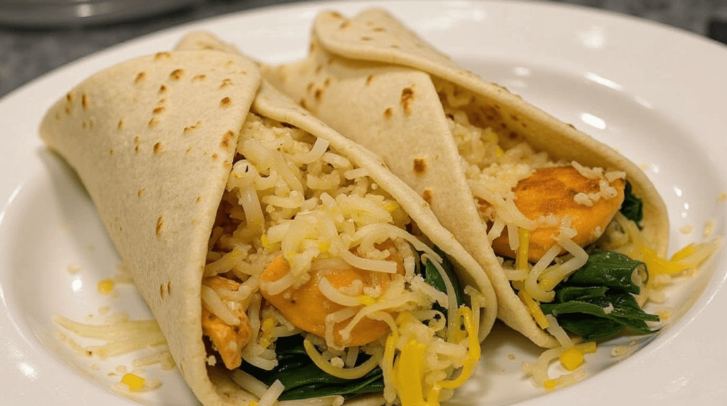 Cheesy Garlic Chicken Wraps sliced and served with a side of dipping sauce, garnished with herbs.