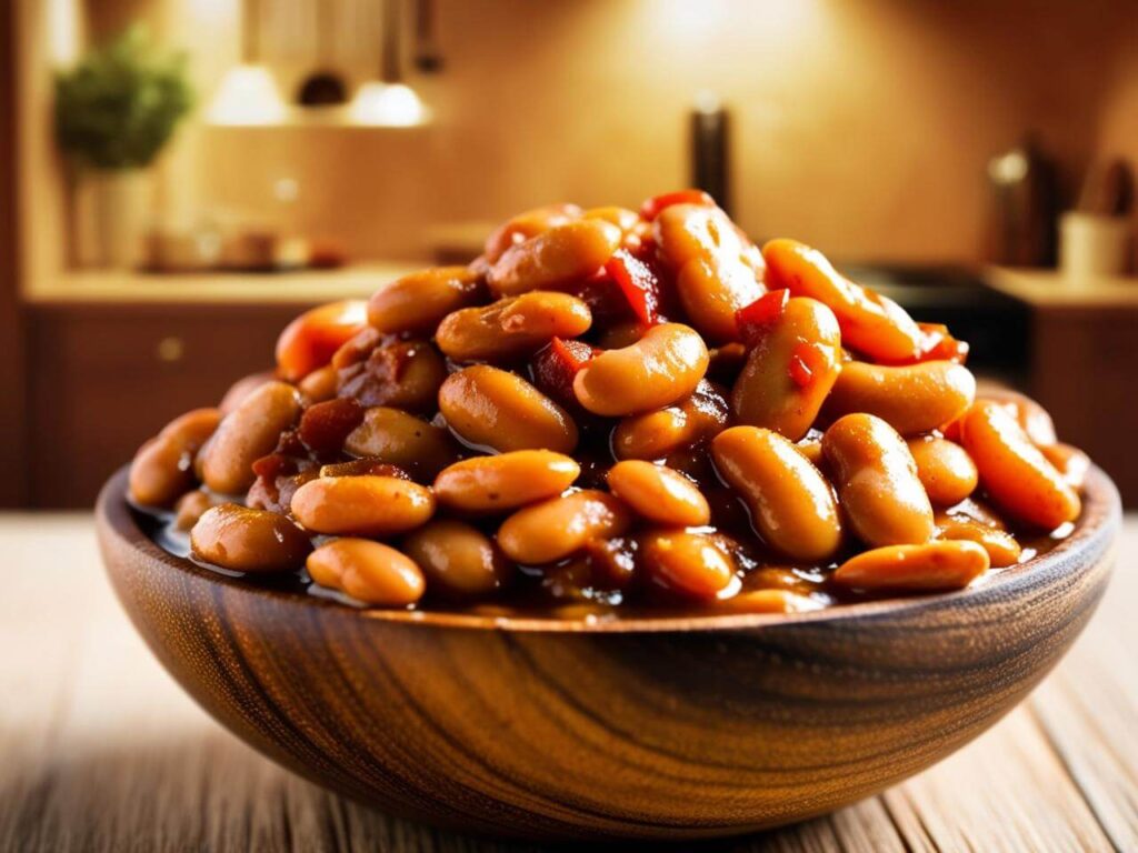 Close-up of beans simmering in a pot with onions and bacon for a rich flavor