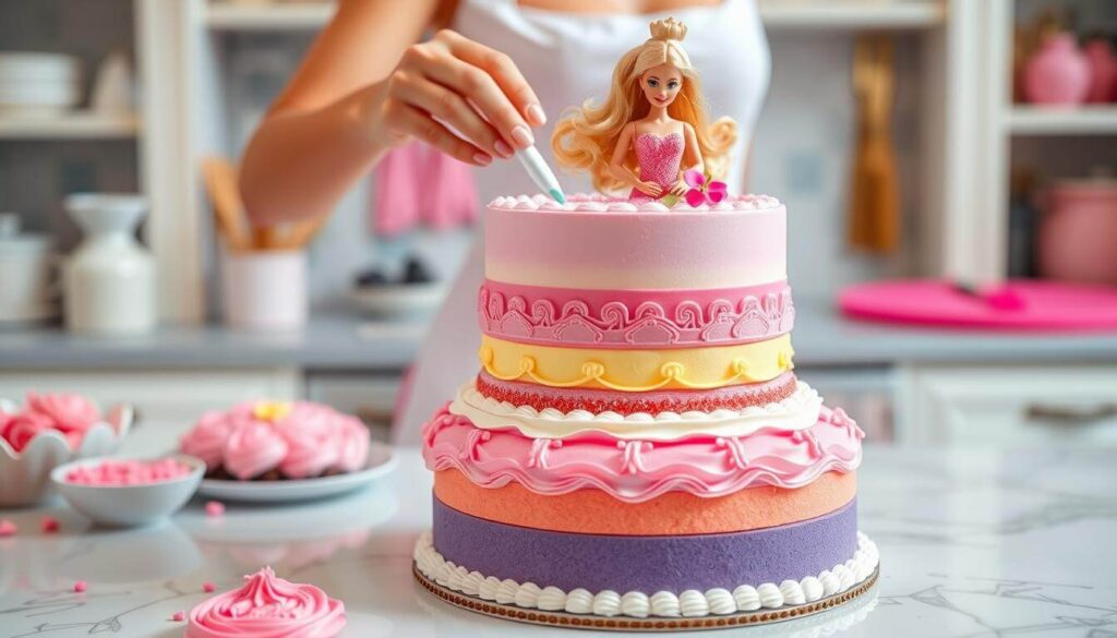 Glamorous Barbie birthday cake with edible glitter and a fondant bow.