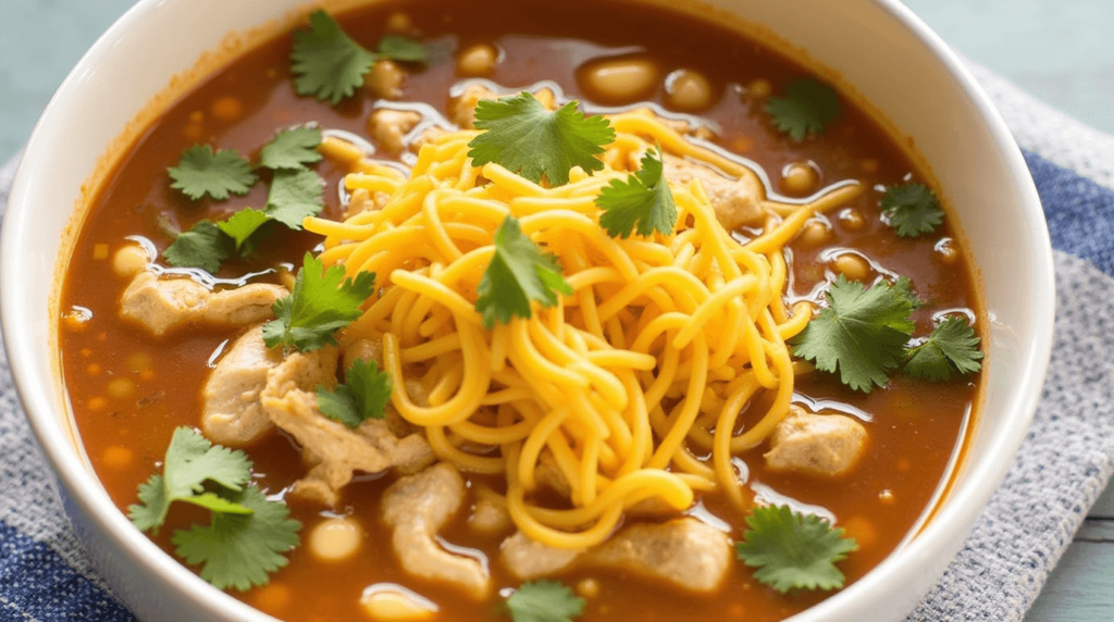 A bowl of chicken taco soup served with crispy tortilla chips, sour cream, and fresh lime wedges.