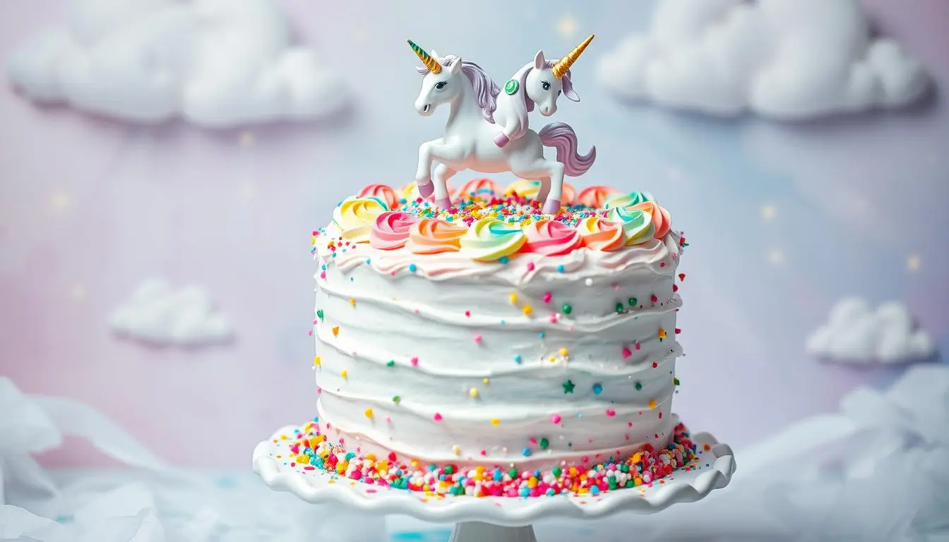 Step-by-step unicorn cake assembly showing crumb coating and layer stacking