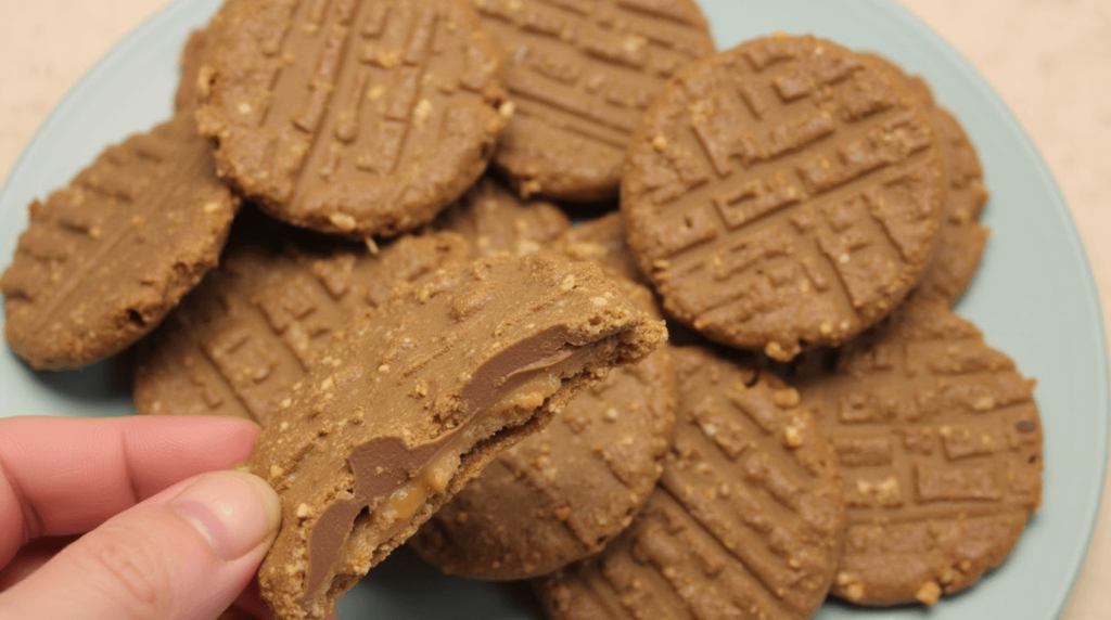 Cheez-It crackers with peanut butter filling stacked into sandwich form