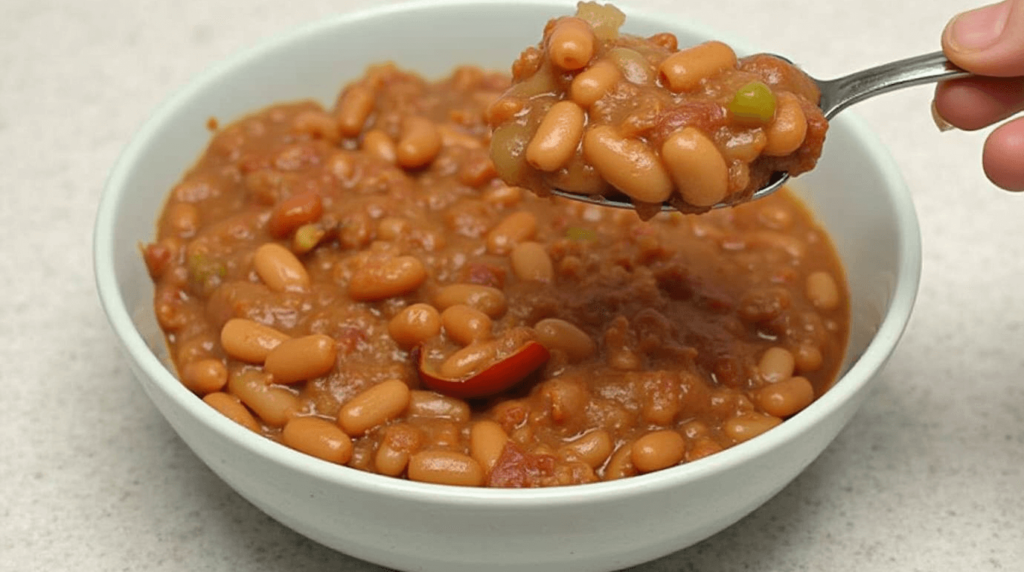 A close-up of homemade baked beans in a white bowl garnished with fresh parsley