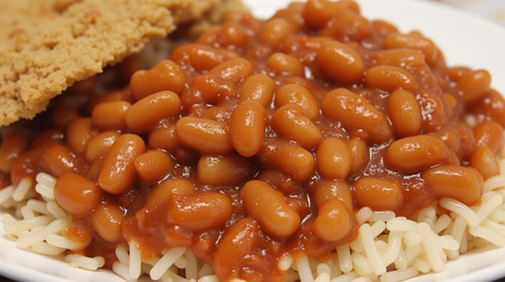 A bowl of homemade baked beans served with cornbread and a side salad