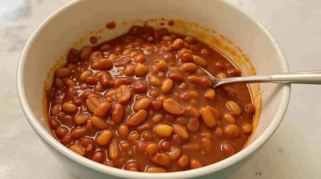 Baked beans in a Dutch oven with a rich, caramelized sauce bubbling in the oven.