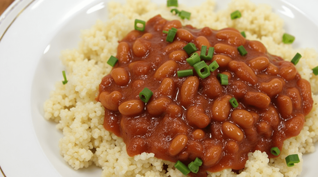 "Ingredients for homemade baked beans including navy beans, onions, bell peppers, and molasses