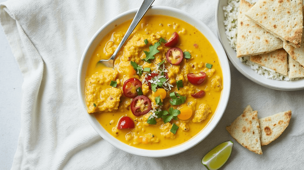 A serving of breakfast curry garnished with cilantro, served in a bowl alongside whole-grain bread.