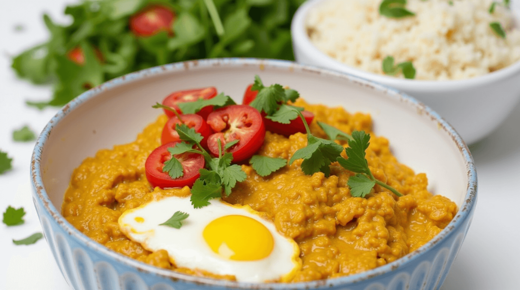 A pan of breakfast curry with chickpeas and spinach simmering in a rich, creamy tomato-based sauce