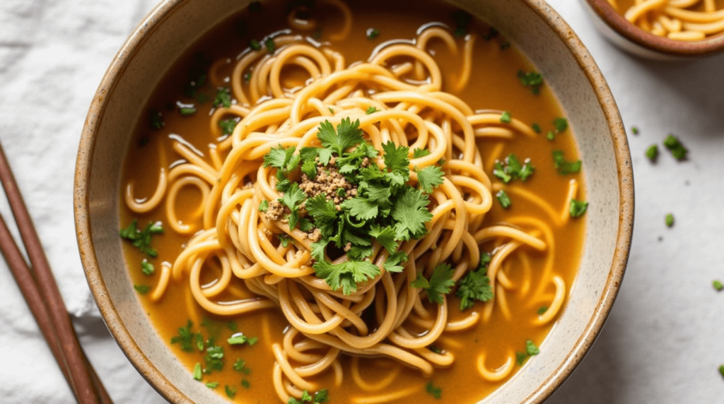 Ingredients for slow cooker ramen laid out on a kitchen counter.