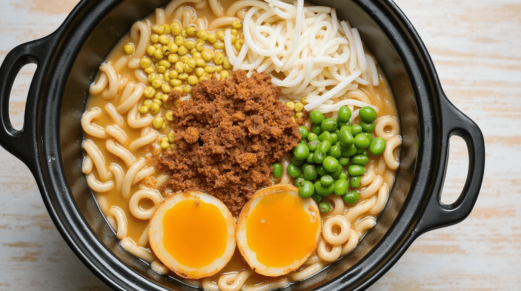 Close-up of a bowl of ramen with broth, noodles, and toppings