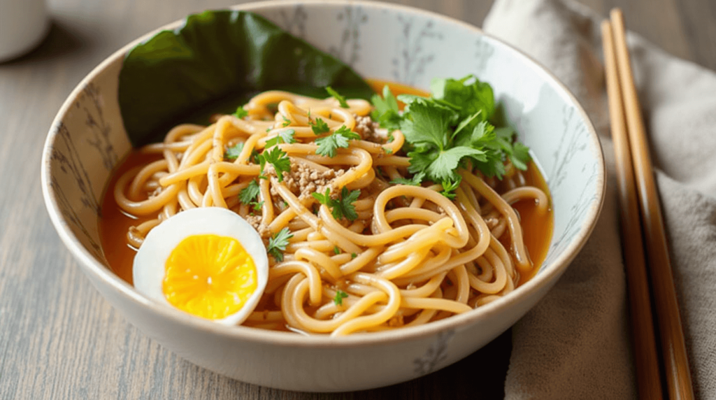 Slow cooker filled with broth, noodles, and vegetables cooking.
