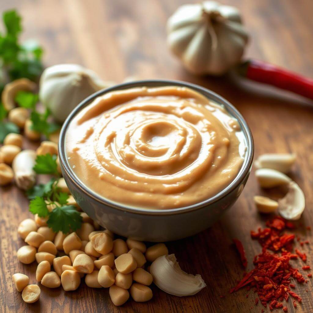 Chopsticks lifting a portion of spicy peanut noodles, showing the creamy sauce coating each strand.