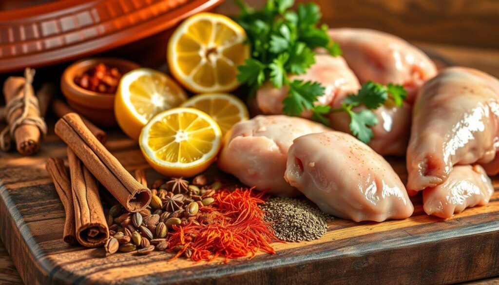 Chicken thighs browning in a traditional Moroccan tagine pot with onions and spices