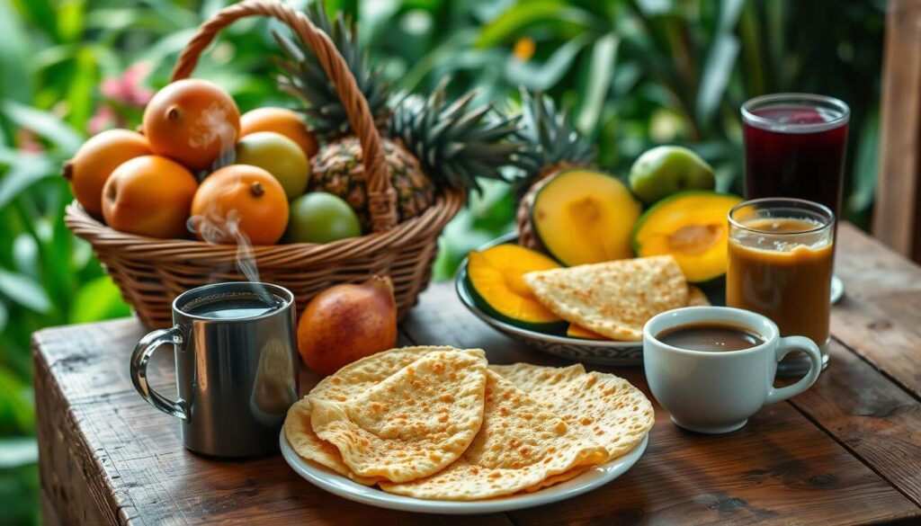 A delicious plate of traditional Colombian breakfast recipes featuring arepas and coffee.