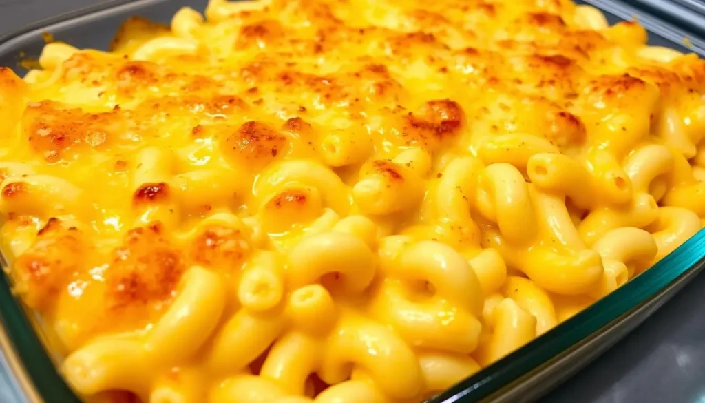 Cooked macaroni being mixed with a creamy cheese sauce in a large pot.