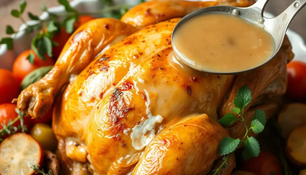 Chicken pieces cooking in a pan for gravy preparation