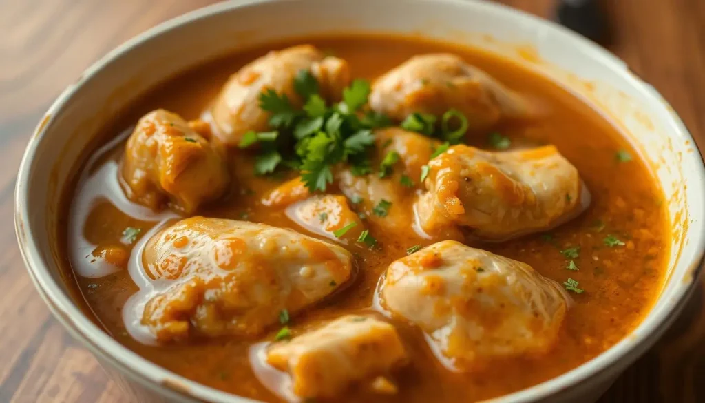 Homemade chicken and gravy served with mashed potatoes and fresh herbs