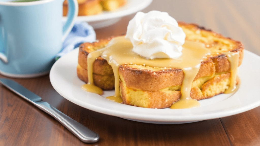 Hawaiian Roll French Toast topped with powdered sugar, berries, and maple syrup.