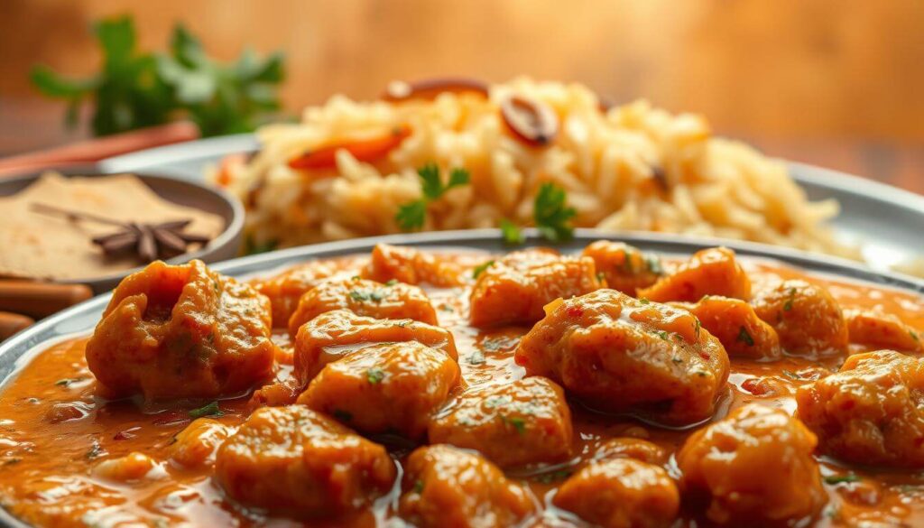 Fresh ingredients for Chicken Pathia, including diced chicken, onions, garlic, ginger, spices, and tomatoes, arranged on a kitchen counter.