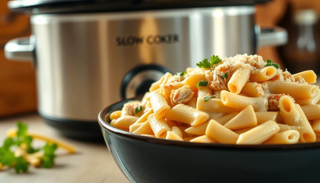 Fresh ingredients for slow cooker chicken Alfredo, including chicken breasts, pasta, cream, and Parmesan cheese.