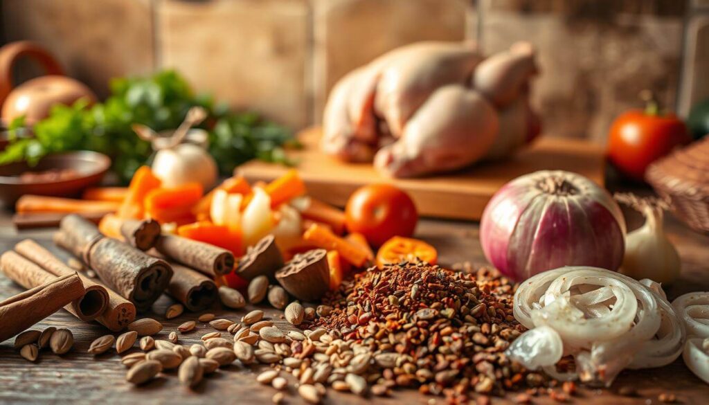  Fresh ingredients for Moroccan chicken tagine, including chicken thighs, preserved lemons, olives, spices, and fresh herbs.