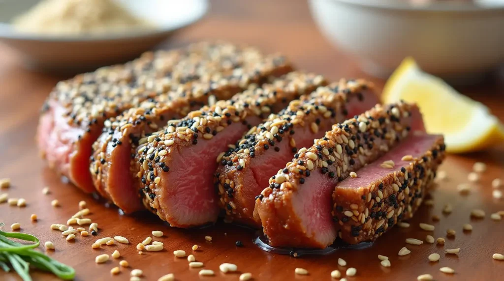 Ahi tuna steak marinating in a soy-ginger sauce with sesame oil