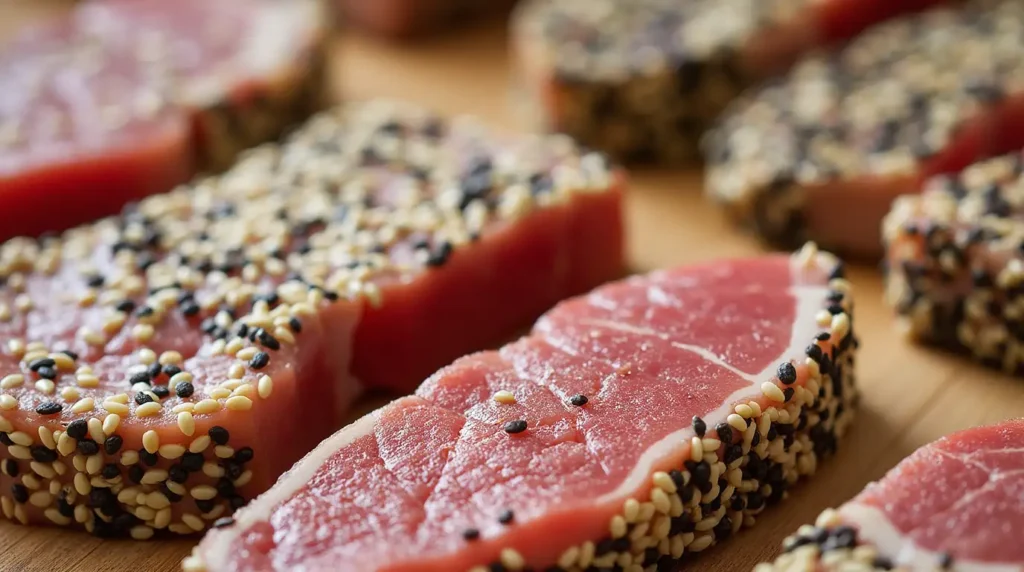 Seared Ahi Tuna Recipe – Thinly sliced, perfectly seared ahi tuna with sesame seeds and dipping sauce.