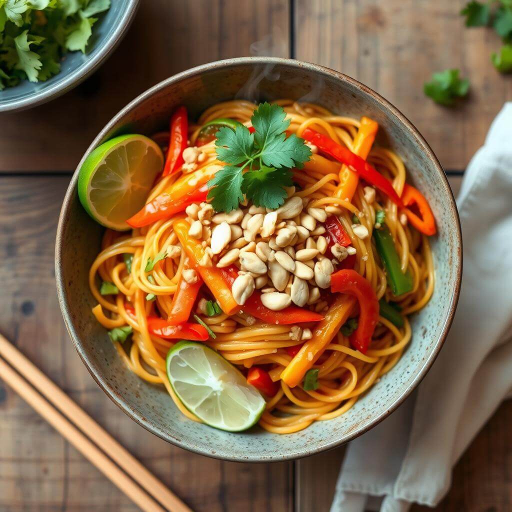 A top-down view of fresh ingredients for spicy peanut noodles, including noodles, peanut butter, soy sauce, chili flakes, garlic, and green onions.