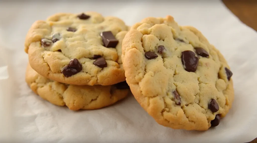 A close-up of a Chick-fil-A copycat cookie broken in half, revealing melted chocolate chunks.